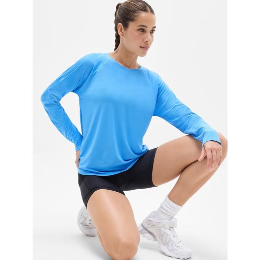 New Athleta L Grid Knit Top Cornflower Blue Long Sleeve Large